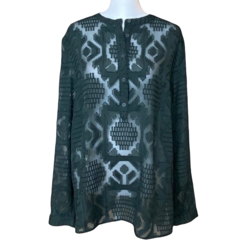 French Connection Collarless Sheer Hunter Green Blouse - size women’s medium